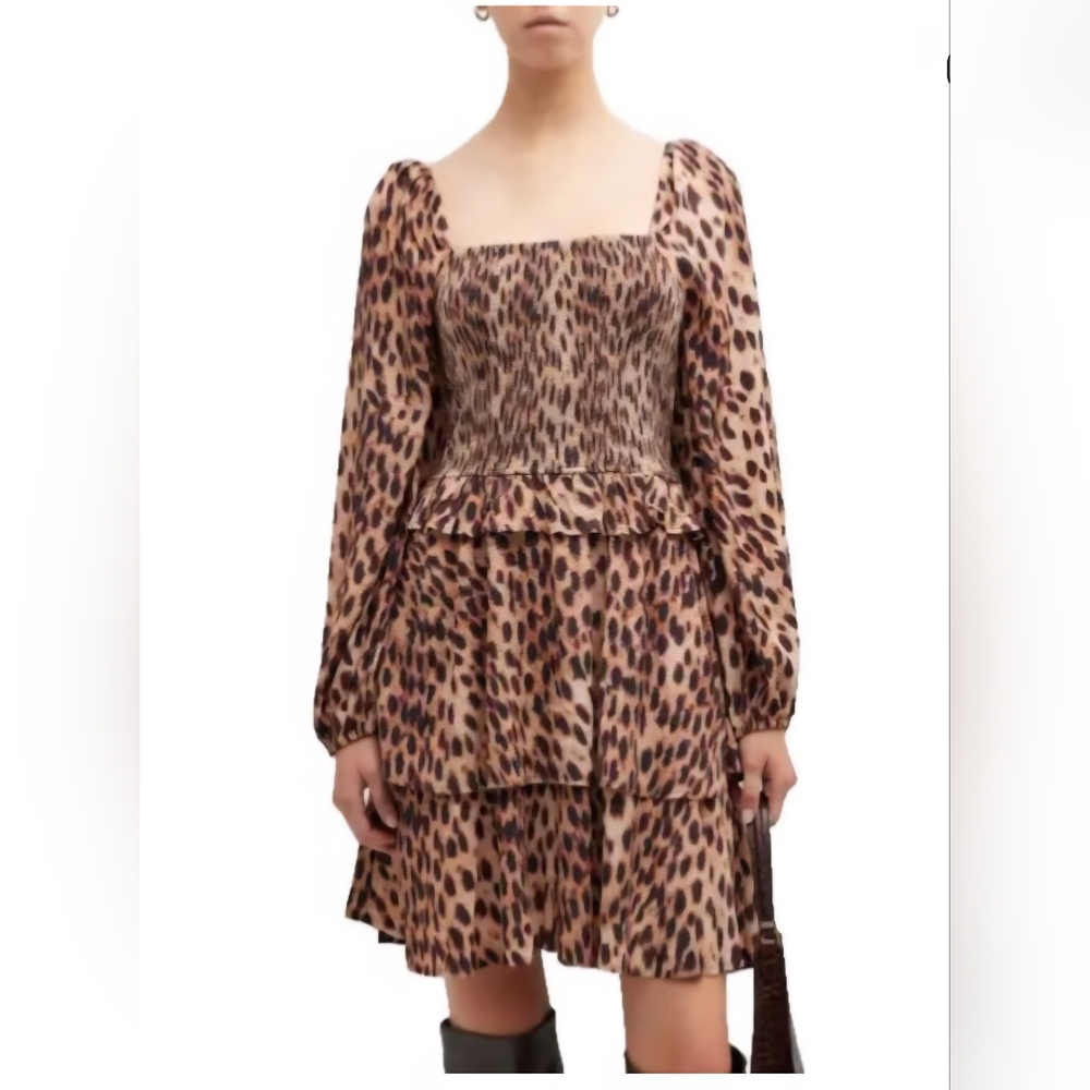 Figue Marcella Leopard Print Tiered Long Sleeve Smocked Mini Dress Med Classic